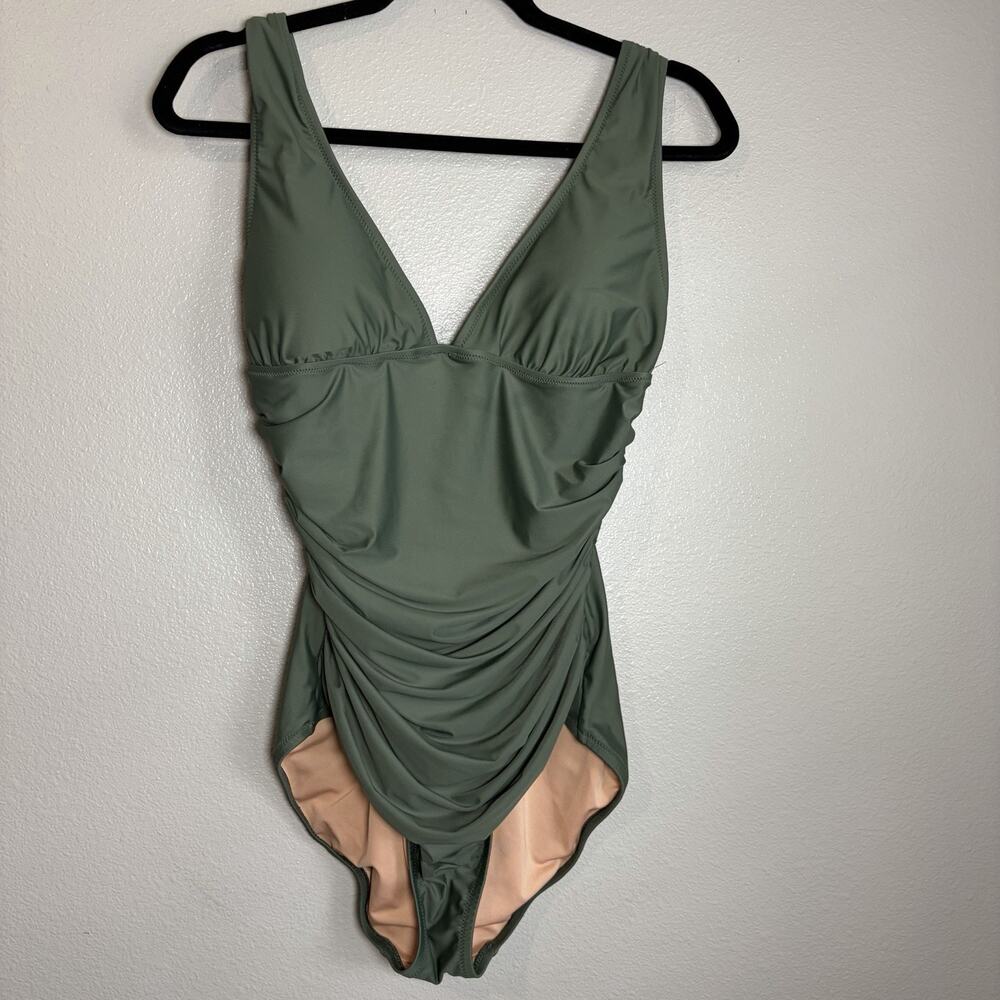 J Crew Classic Ruched V Neck One Piece Swimsuit Sz 10 Cool Cypress Green